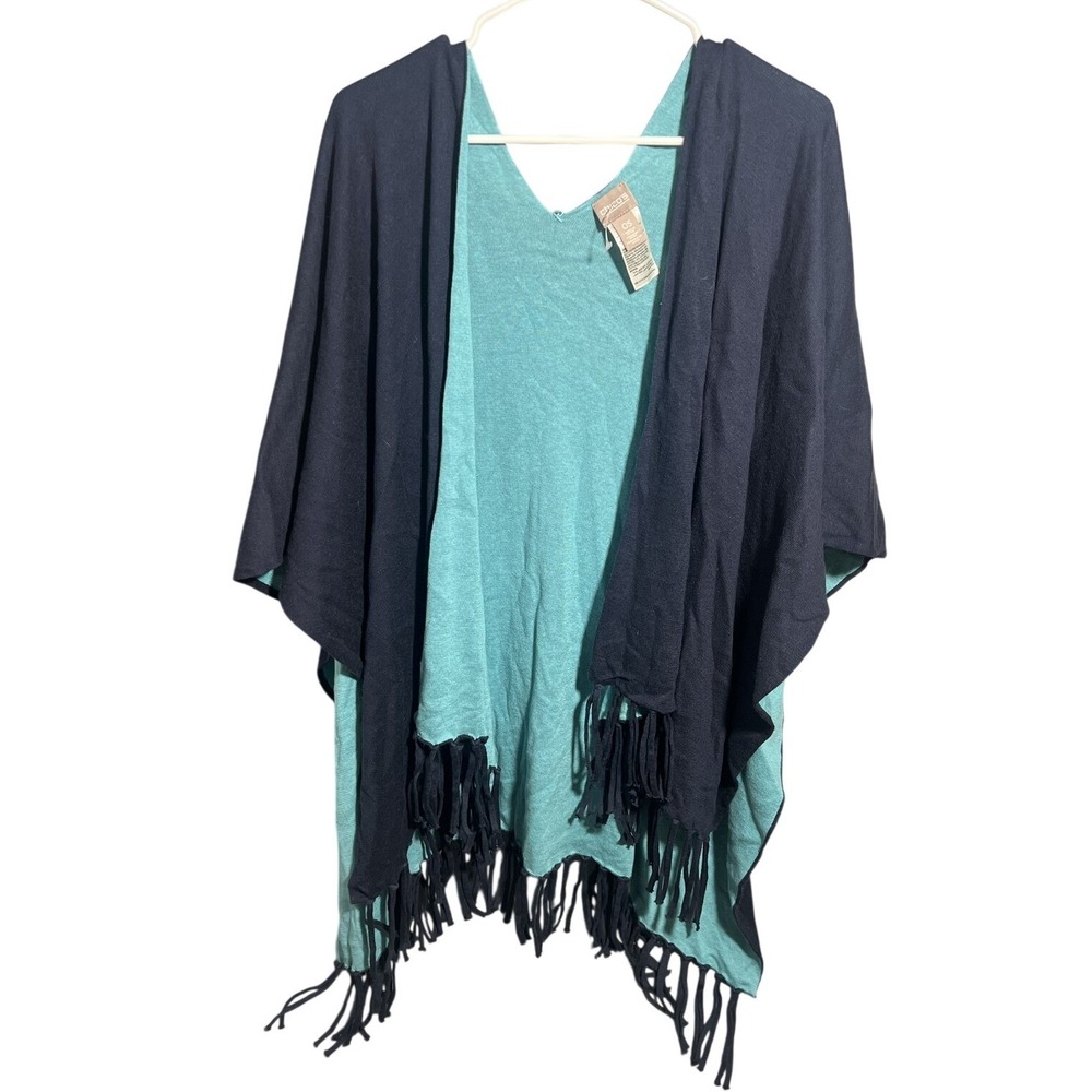 Chico's Reversible Fringe Poncho Sweater OS One Size Navy Blue Teal Cotton Blend